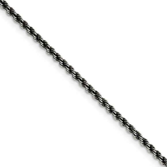 2.3mm Sterling Silver & Black Plated Solid Rope Chain Necklace 22 In